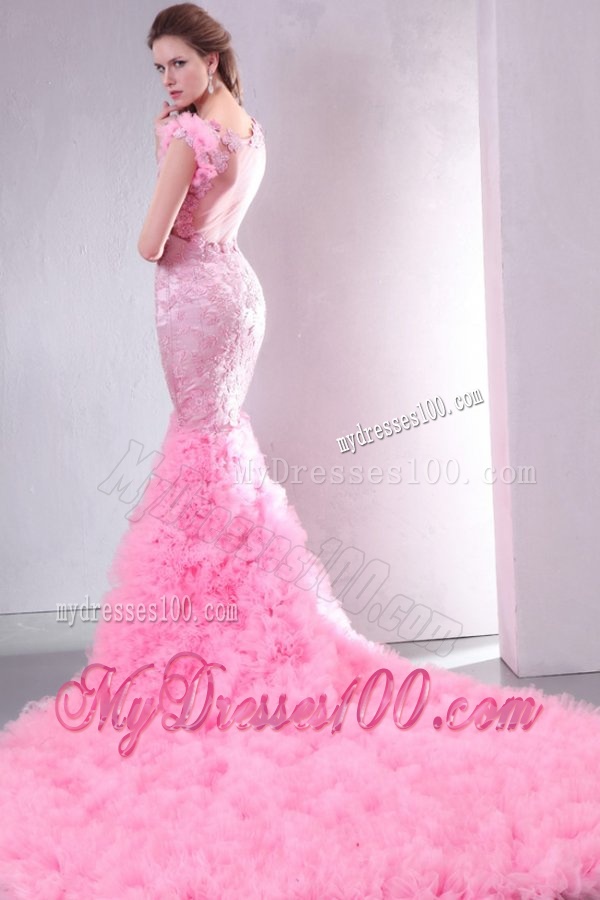 Pink Mermaid V-neck Chapel Train Wedding Dress with Beading