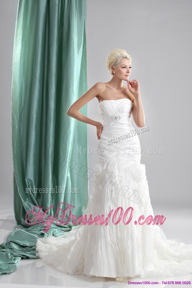 Pleated Sequined White Wedding Dresses with Chapel Train