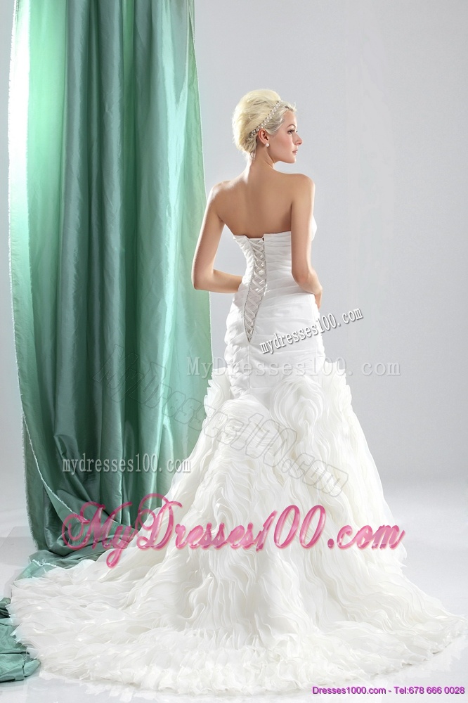 Pleated Sequined White Wedding Dresses with Chapel Train