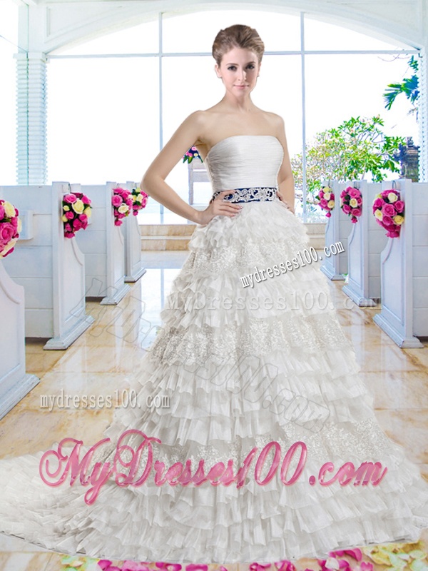 Popular Belt and Laced Bridal Gowns with Ruffled Layers