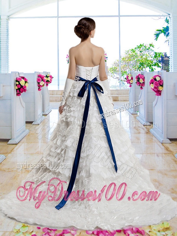 Popular Belt and Laced Bridal Gowns with Ruffled Layers