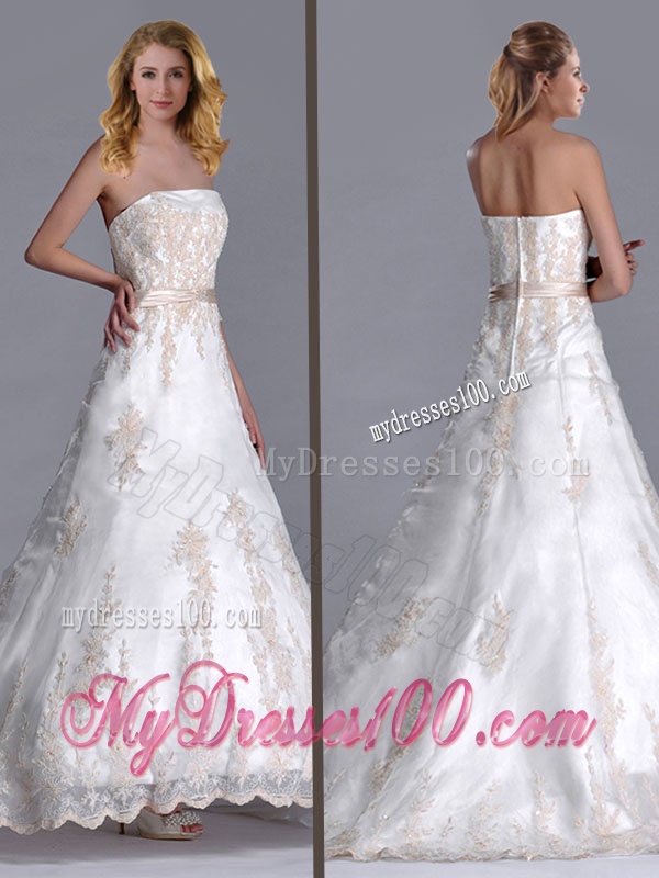 Popular Princess Strapless Applique and Belted Wedding Gown with Brush Train