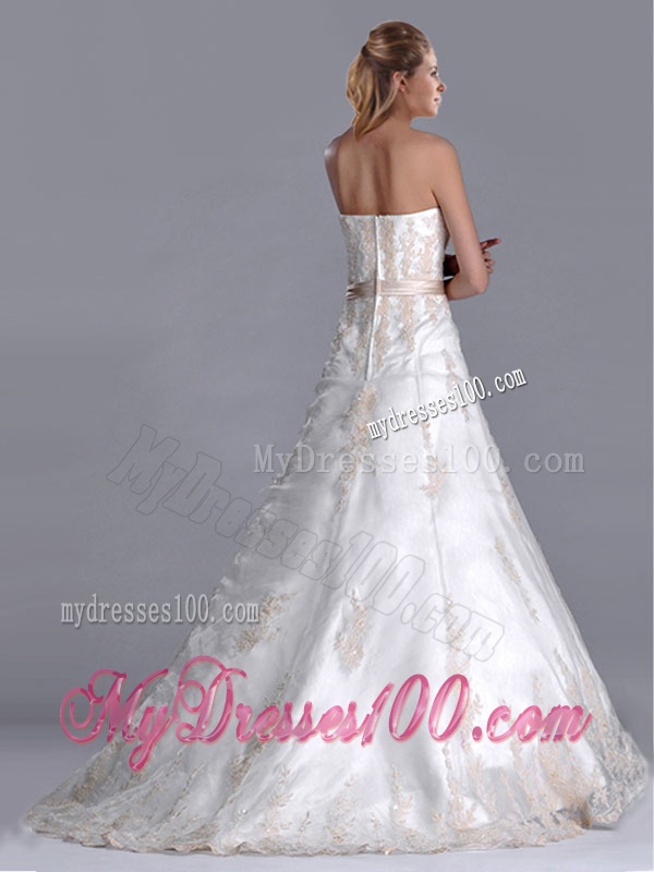 Popular Princess Strapless Applique and Belted Wedding Gown with Brush Train