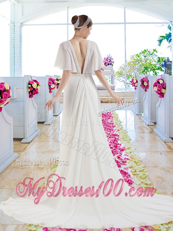 Popular V Neck Empire Wedding Dresses with Short Sleeves