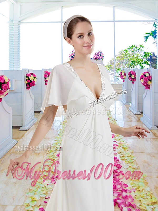 Popular V Neck Empire Wedding Dresses with Short Sleeves