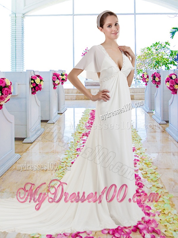 Popular V Neck Empire Wedding Dresses with Short Sleeves