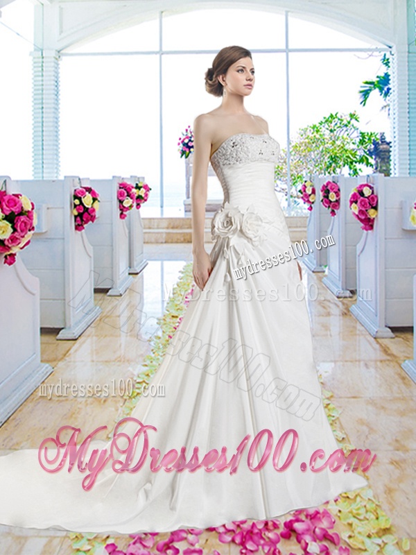 Pretty Strapless Beaded Bridal Gowns with Hand Made Flowers