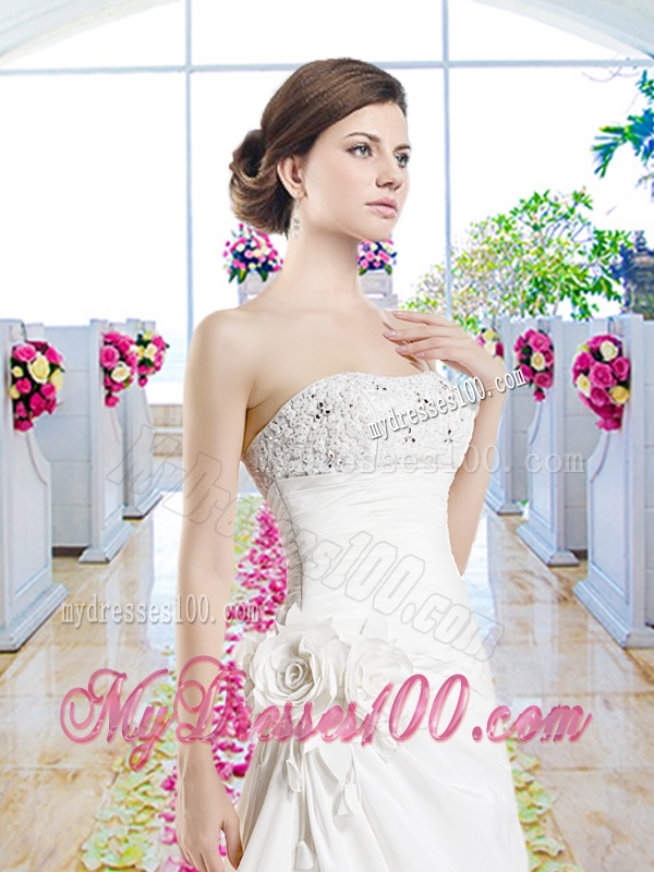 Pretty Strapless Beaded Bridal Gowns with Hand Made Flowers