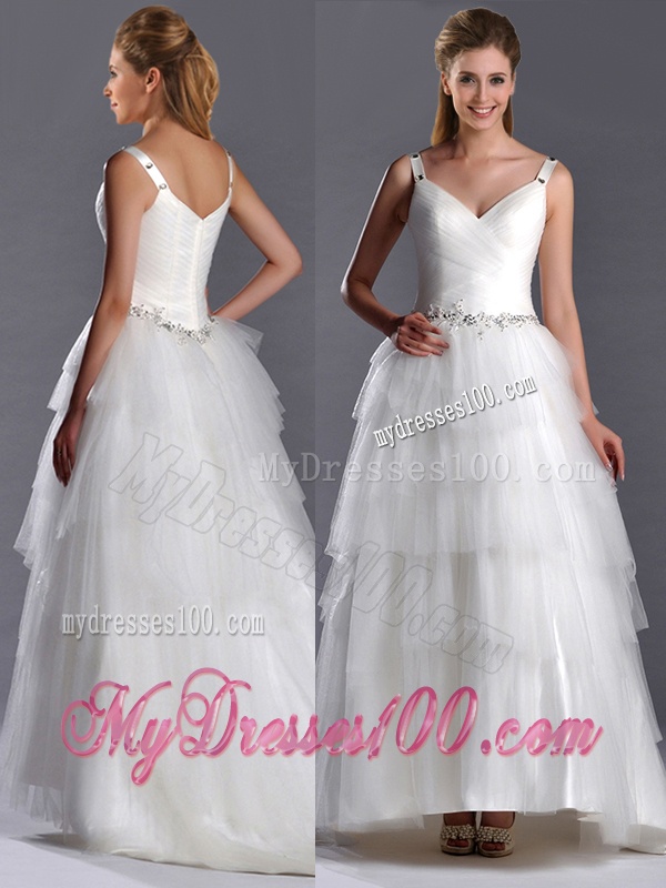 Romantic Straps Princess Tulle Beaded Wedding Dress with Brush Train