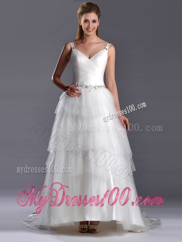 Romantic Straps Princess Tulle Beaded Wedding Dress with Brush Train