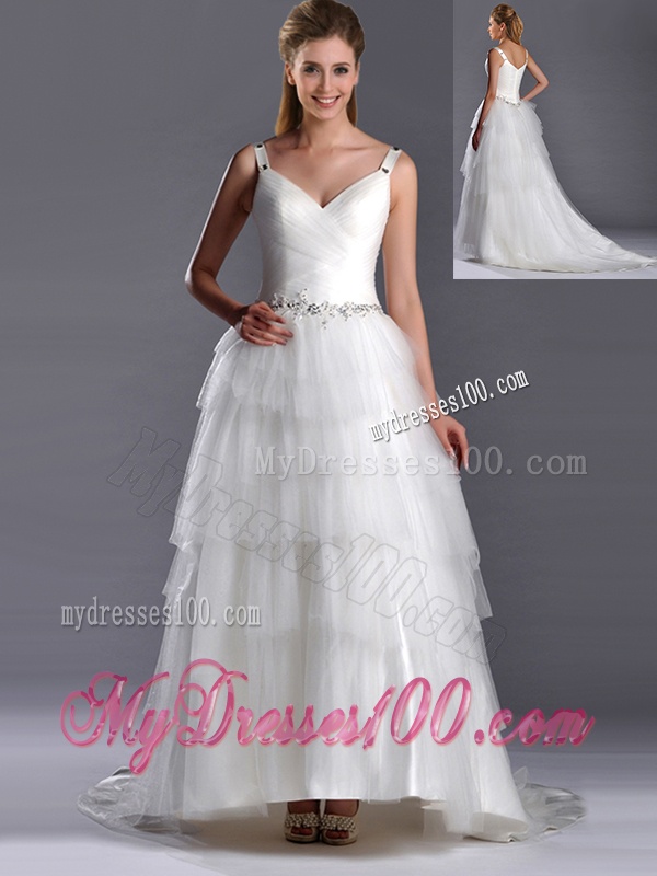 Romantic Straps Princess Tulle Beaded Wedding Dress with Brush Train