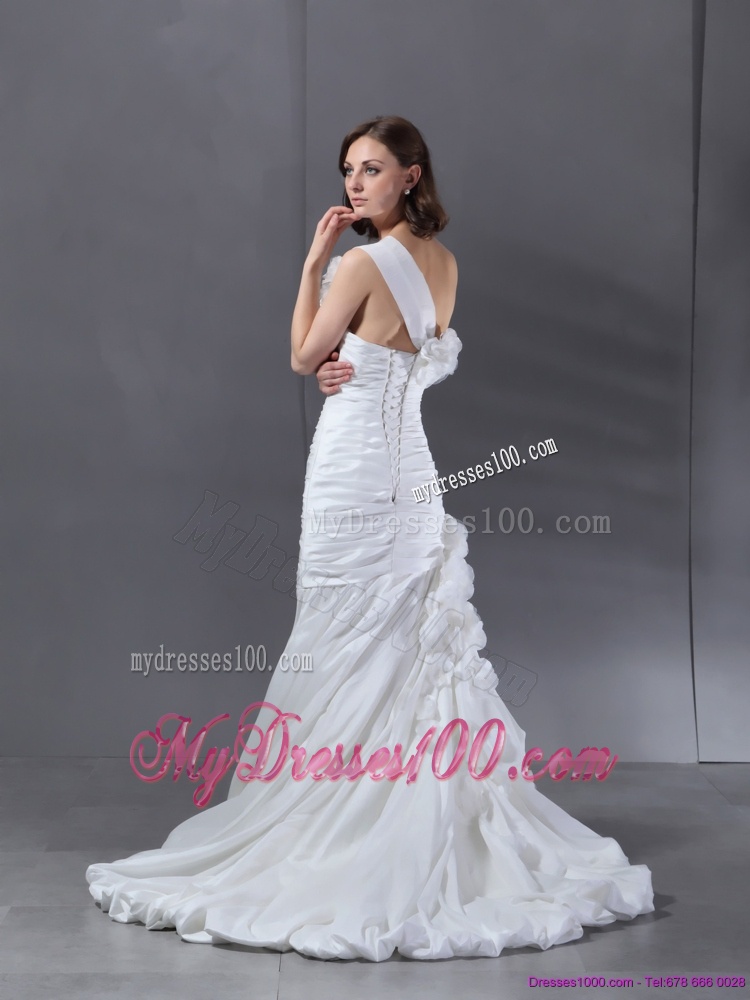 Ruching One Shoulder White Bridal Gowns with Hand Made Flower