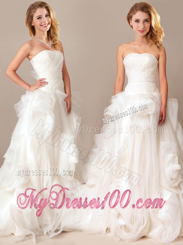 Simple Ball Gown Sweetheart Ruched and Rolling Flowers Wedding Dresses with Brush Train