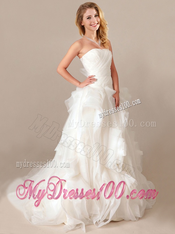 Simple Ball Gown Sweetheart Ruched and Rolling Flowers Wedding Dresses with Brush Train