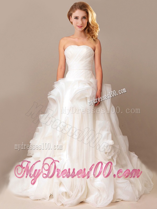Simple Ball Gown Sweetheart Ruched and Rolling Flowers Wedding Dresses with Brush Train