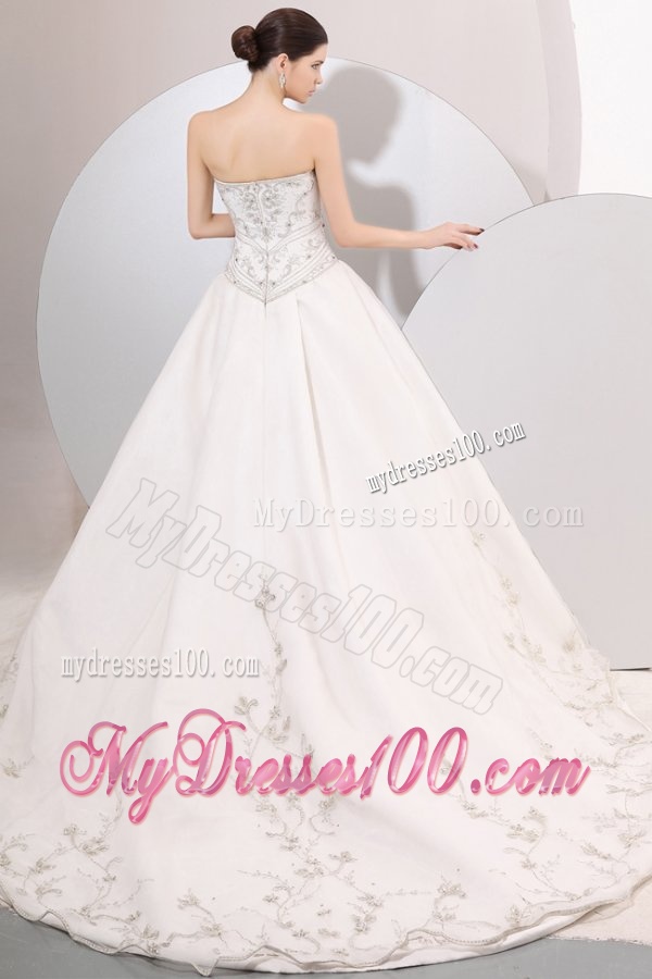 Strapless A-line Embroidery and Beading Wedding Dress with Chapel Train