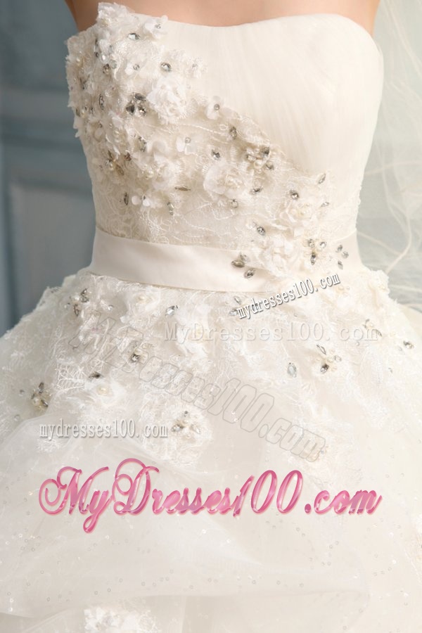 Strapless Ball Gown Appliques and Pick-ups Long Wedding Dress