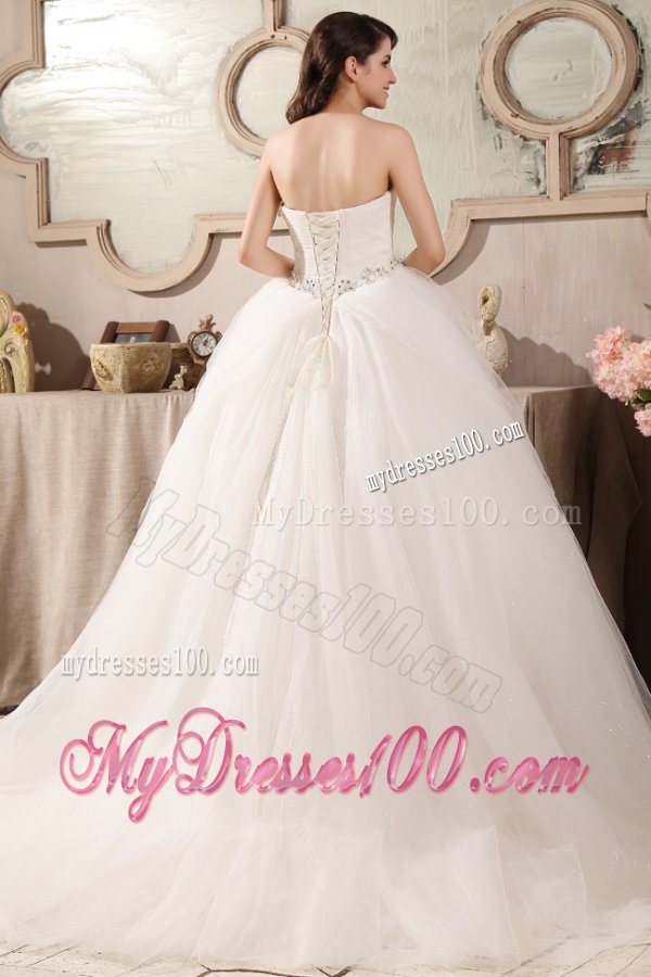 Sweetheart Ball Gown Beaded Decorate Waist Tulle Wedding Dress