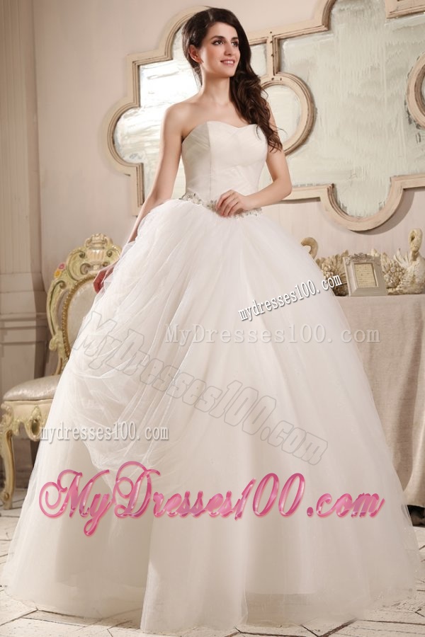 Sweetheart Ball Gown Beaded Decorate Waist Tulle Wedding Dress