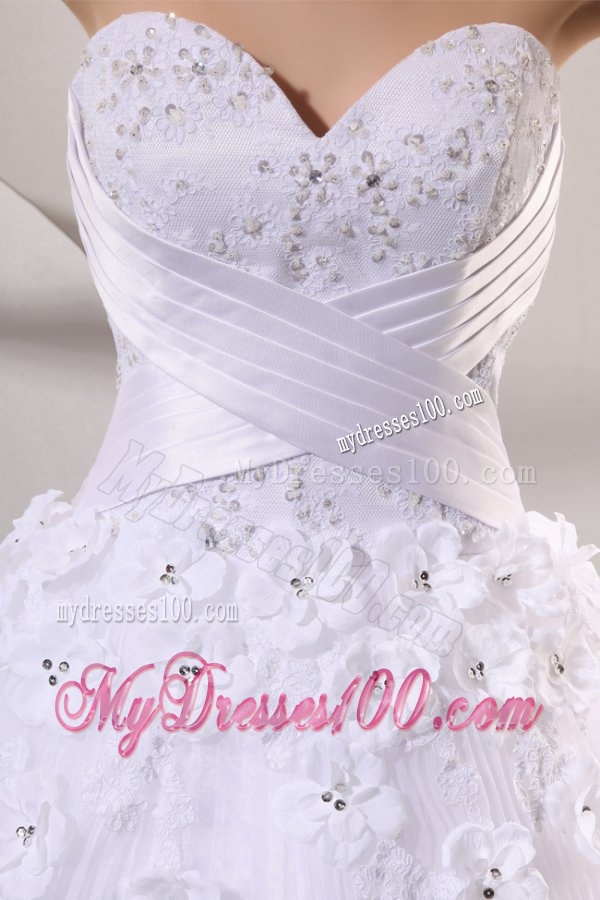 Sweetheart Ball Gown Hand Made Flowers and Pleats Wedding Dress