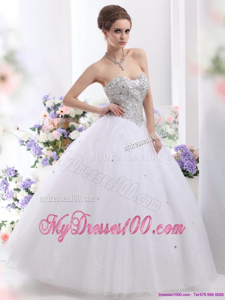Sweetheart Floor Length White Wedding Dresses with Brush Train and Rhinestones