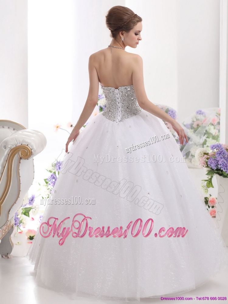 Sweetheart Floor Length White Wedding Dresses with Brush Train and Rhinestones