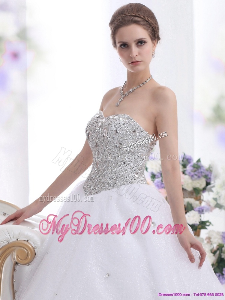 Sweetheart Floor Length White Wedding Dresses with Brush Train and Rhinestones