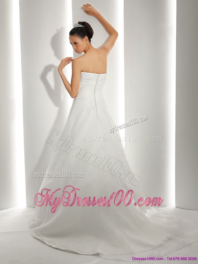 Unique Brush Train Ruching White Wedding Dresses with Appliques