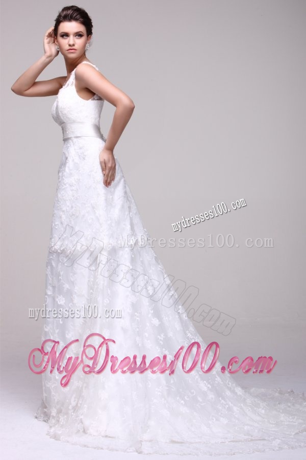 V-neck A-line Lace Court Train Wedding Dress with Beading on Sash