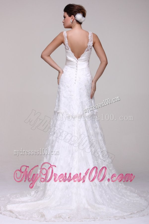 V-neck A-line Lace Court Train Wedding Dress with Beading on Sash