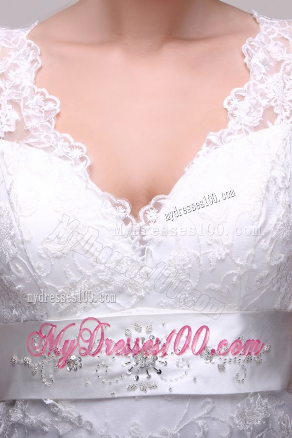 V-neck A-line Lace Court Train Wedding Dress with Beading on Sash