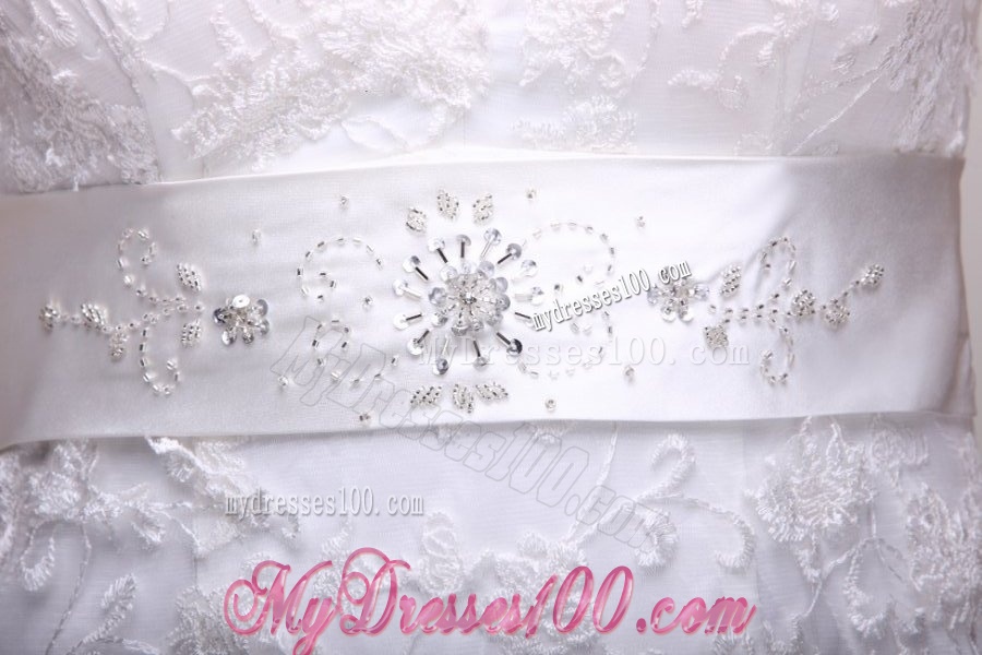 V-neck A-line Lace Court Train Wedding Dress with Beading on Sash