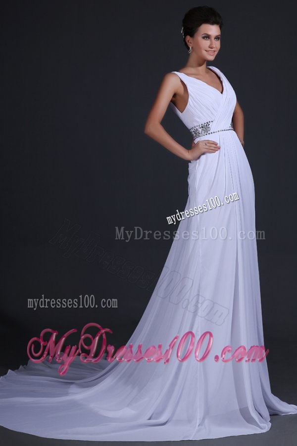 V-neck Chiffon Empire Court Train Wedding Dress with Beading