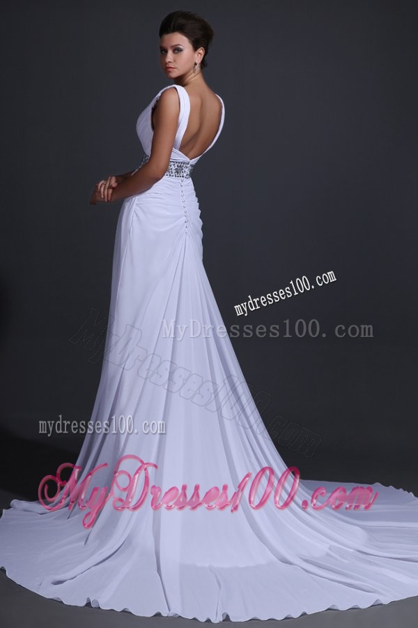V-neck Chiffon Empire Court Train Wedding Dress with Beading