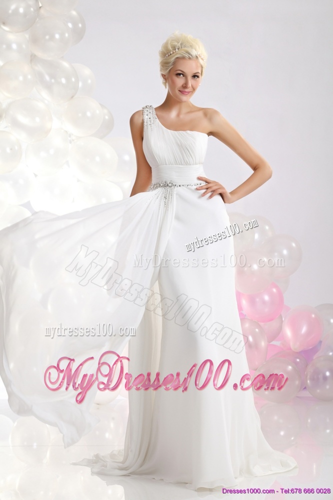 White One Shoulder Wedding Dresses with Ruching and Beading
