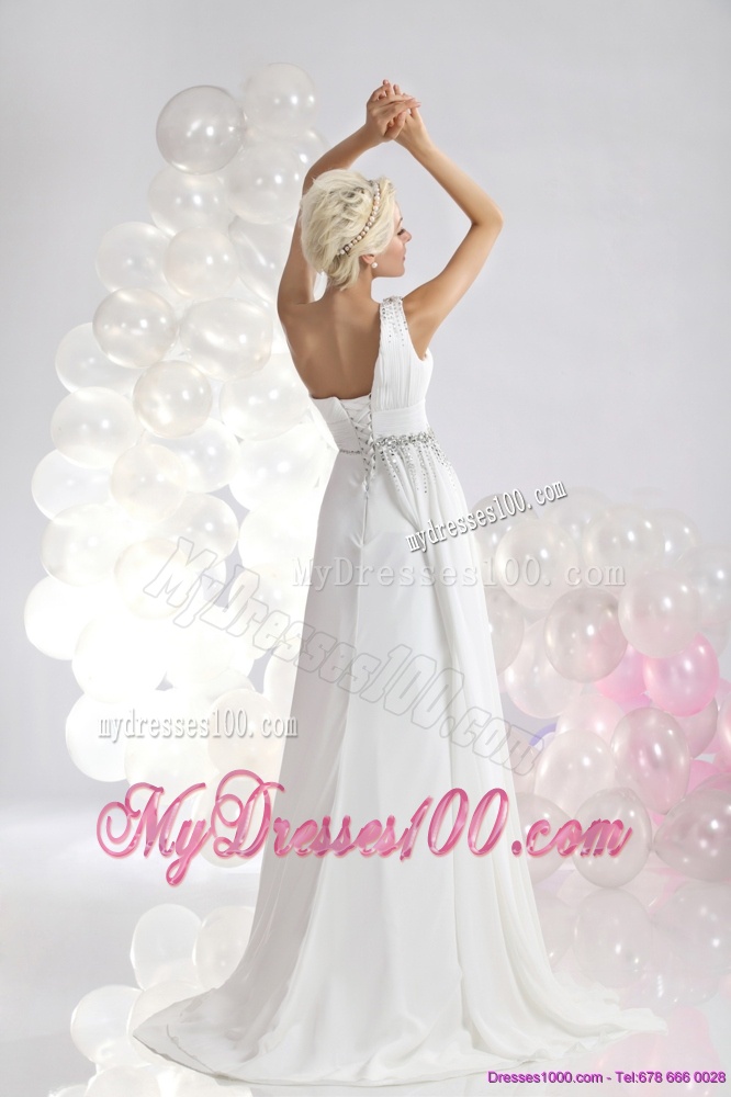 White One Shoulder Wedding Dresses with Ruching and Beading