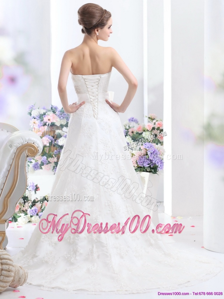 White Strapless Laced Wedding Dresses with Bownot and Brush Train