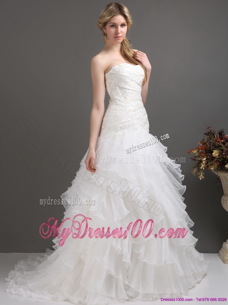 White Strapless Pleated Wedding Dresses with Ruffled Layers
