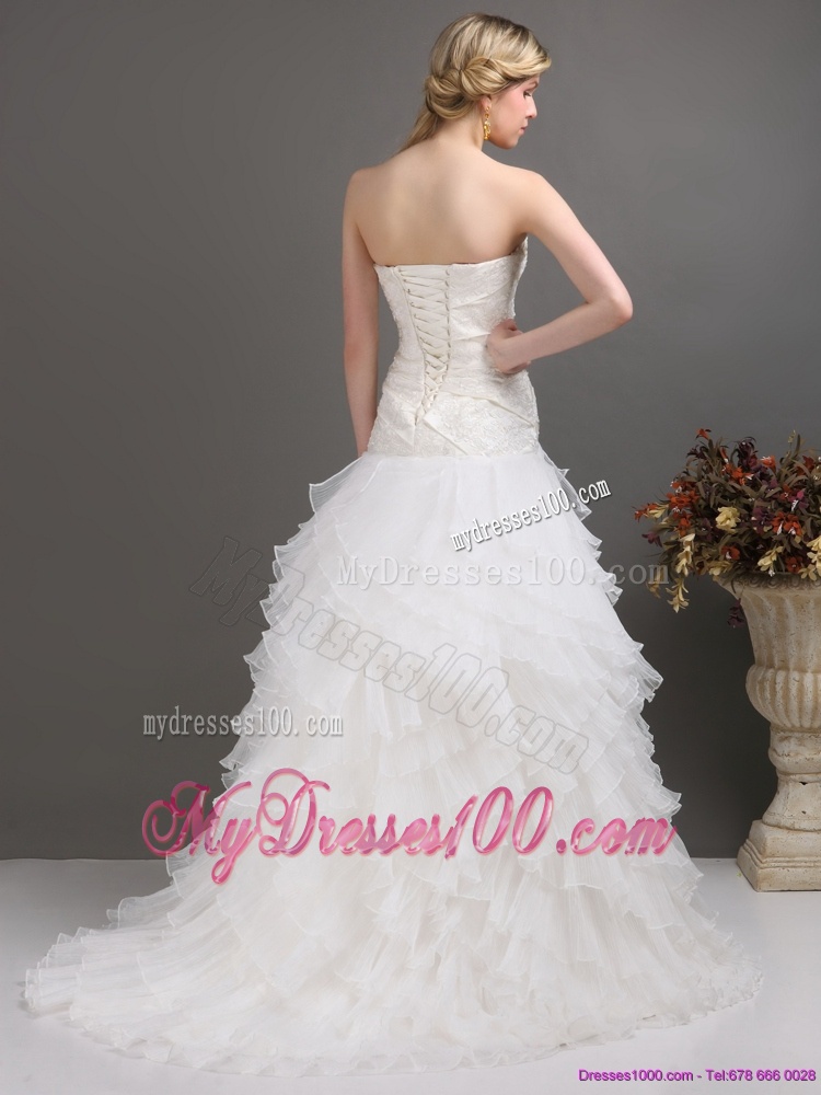 White Strapless Pleated Wedding Dresses with Ruffled Layers