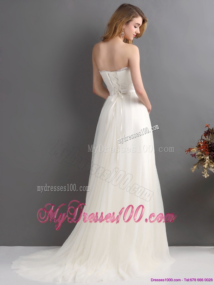 White Strapless Wedding Dresses with Brush Train and Sash