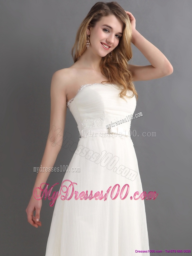 White Strapless Wedding Dresses with Brush Train and Sash