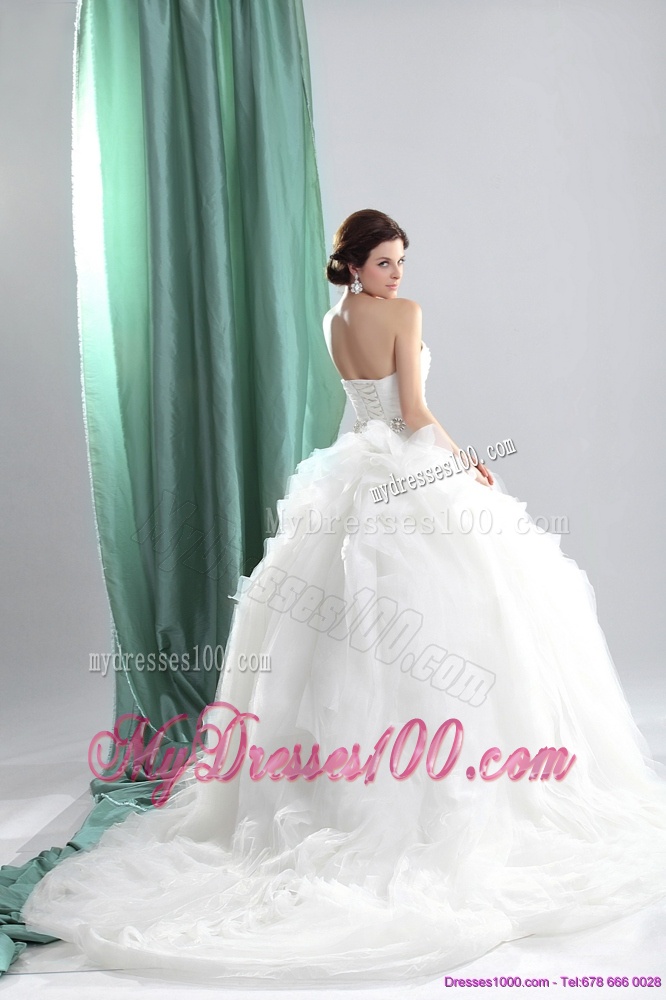 White Sweetheart Ruching Wedding Dresses with Brush Train and Beading