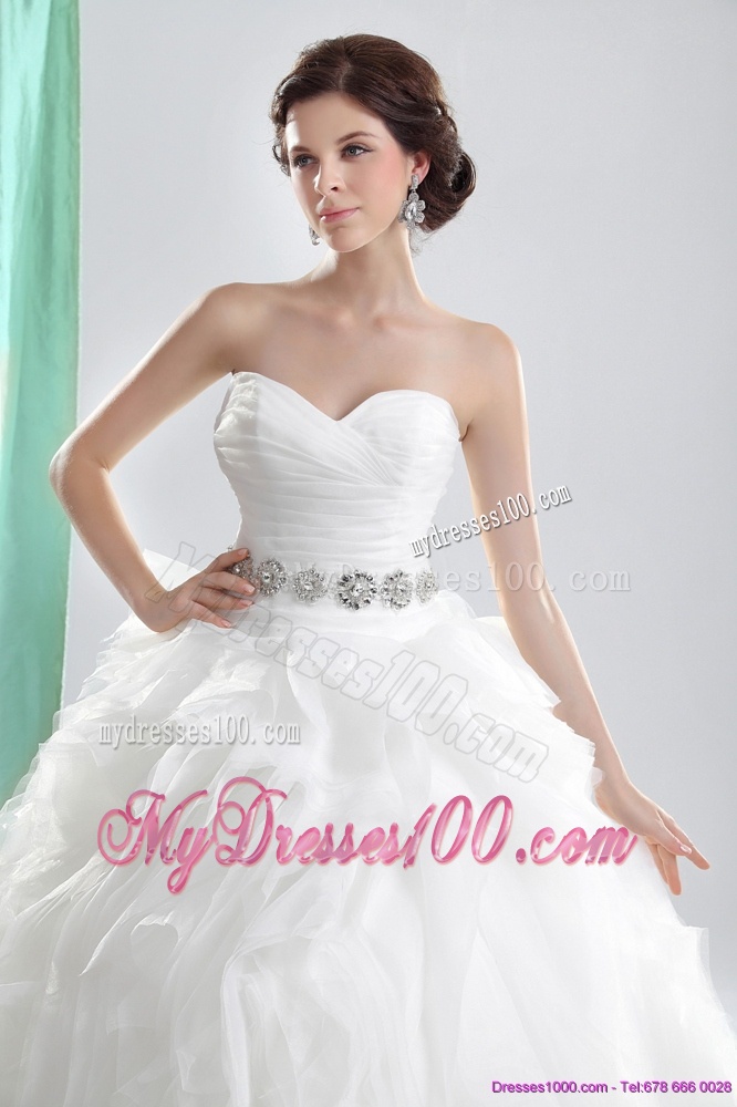 White Sweetheart Ruching Wedding Dresses with Brush Train and Beading