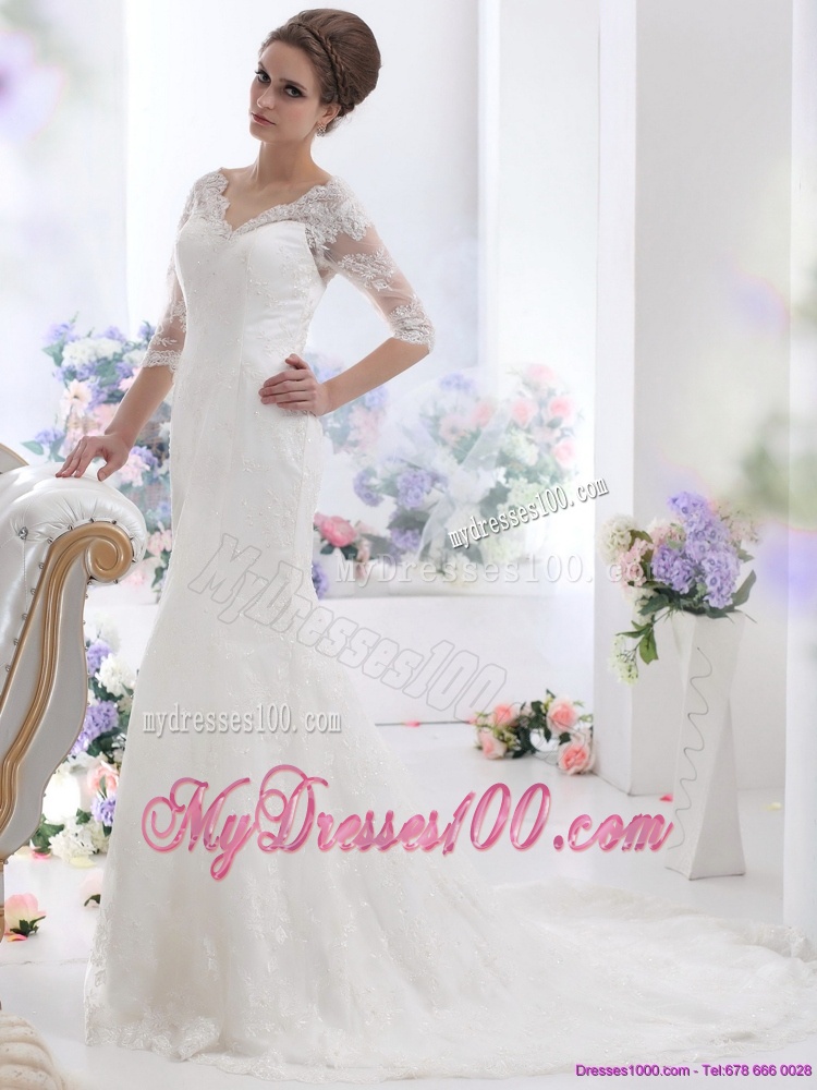 White V Neck Lace Wedding Dresses with Brush Train and Half Sleeves