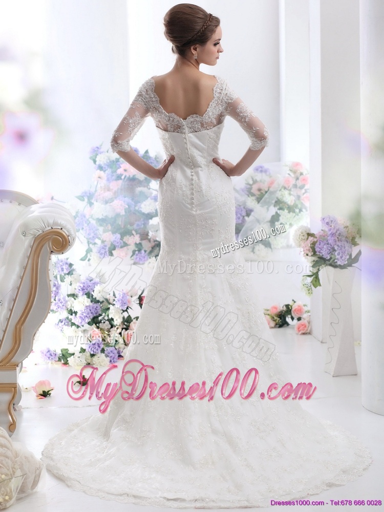 White V Neck Lace Wedding Dresses with Brush Train and Half Sleeves