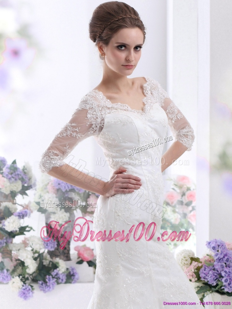White V Neck Lace Wedding Dresses with Brush Train and Half Sleeves