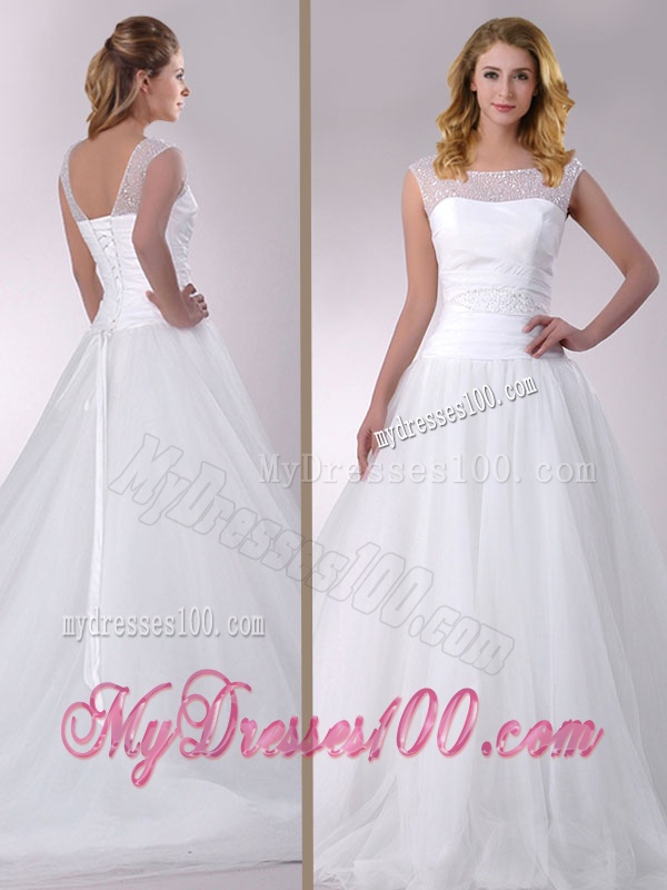 Wonderful A Line Scoop Court Train Tulle Wedding Dress with Beading