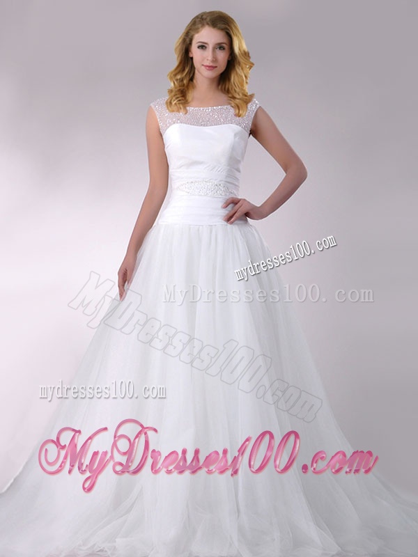 Wonderful A Line Scoop Court Train Tulle Wedding Dress with Beading
