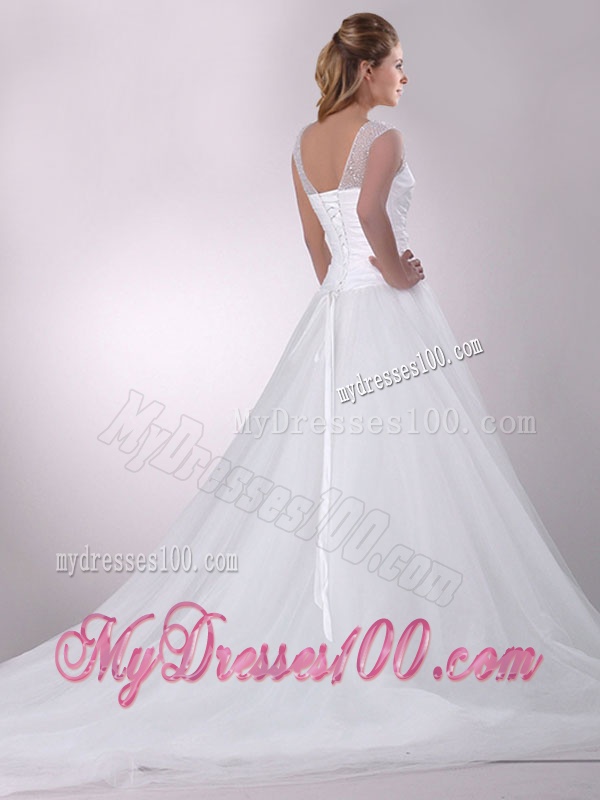 Wonderful A Line Scoop Court Train Tulle Wedding Dress with Beading
