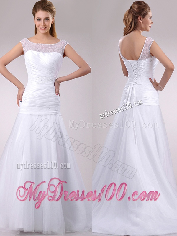 Wonderful Column Cap Sleeves Beaded and Ruched Wedding Dress in Tulle